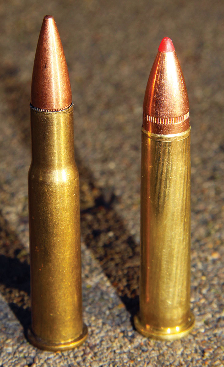 The 30-30 Winchester (left) provided the parent case for the 360 Buckhammer (right). The case was cut down to 1.80 inches, blown out to  produce straight walls, and necked slightly to  accept .358-caliber bullets.